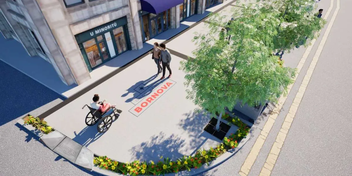 Modern bir şehir caddesinde, tekerlekli sandalyedeki bir kişi ile yan yana yürüyen iki kişinin bulunduğu, zemininde Bornova Belediyesi logosunun yer aldığı, ağaçlar ve çiçeklerle düzenlenmiş geniş bir yaya kaldırımı tasarımı.