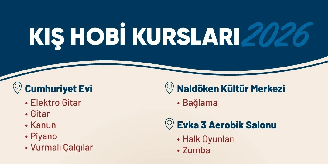 Kış Hobi Kursları 2026 duyurusu. Cumhuriyet Evi'nde elektro gitar, gitar, kanun, piyano ve vurmalı çalgılar; Naldöken Kültür Merkezi'nde bağlama; Evka 3 Aerobik Salonu'nda ise halk oyunları ve zumba kursları düzenlenmektedir.