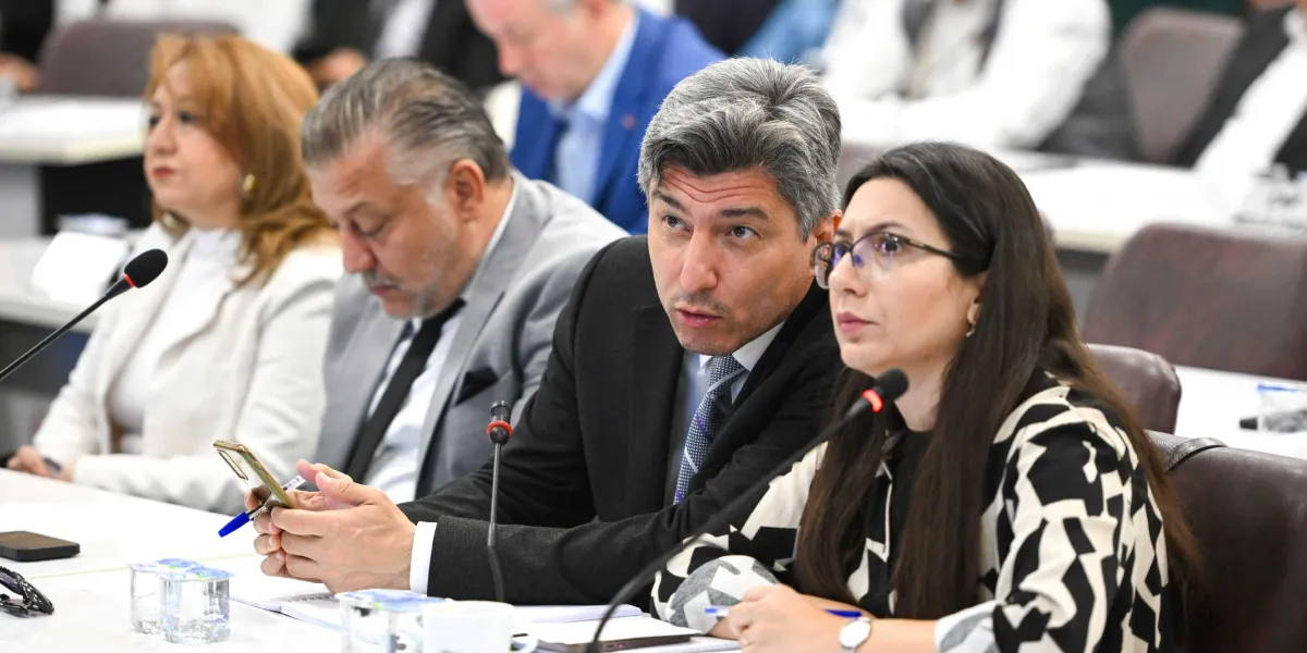 Bornova Belediye Meclisi toplantısında, Meclis Başkan Vekili Tansel Ertürk konuşma yaparken, yanında oturan bir kadın meclis üyesi ve arka sırada yer alan diğer meclis üyeleri dikkatle dinliyor. Ertürk siyah takım elbise ve kravatla masada otururken, yanındaki kadın üye siyah beyaz desenli bir ceket giyiyor ve önündeki mikrofonla ilgileniyor. Masanın üzerinde su bardakları ve bir cep telefonu bulunuyor.