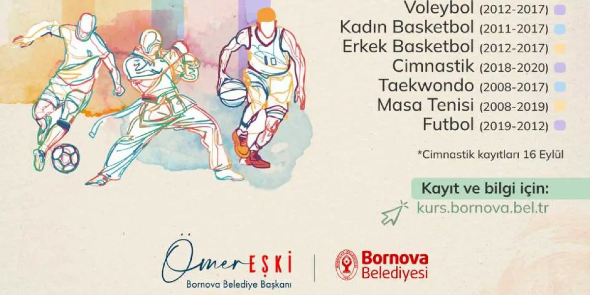 Suluboya tarzında çizilmiş futbol oynayan, dövüş sporu yapan ve basketbol süren sporcu figürlerinin yer aldığı afişte, Bornova Belediyesi'nin kış spor kursları listelenmektedir. Kurslar ve doğum yılı aralıkları şöyledir: Voleybol (2012-2017), Kadın Basketbol (2011-2017), Erkek Basketbol (2012-2017), Cimnastik (2018-2020), Taekwondo (2008-2017), Masa Tenisi (2008-2019) ve Futbol (2019-2012). Cimnastik kayıtlarının 16 Eylül'de başlayacağı belirtilmiştir. Kayıt ve bilgi için kurs.bornova.bel.tr adresi verilmiştir. Alt kısımda Bornova Belediye Başkanı Ömer Eşki'nin ismi ve Bornova Belediyesi logosu yer almaktadır.