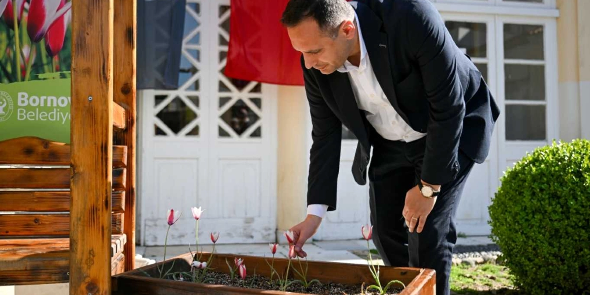 Koyu renk takım elbiseli bir erkek, dış mekanda ahşap bir saksı içerisindeki kırmızı beyaz renkli lalelere dokunarak onları inceliyor. Arka planda Bornova Belediyesi logosunun yer aldığı bir tabela ve beyaz kapılı bir yapı bulunuyor.