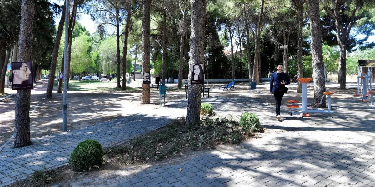 Ağaçlık bir park alanında, gövdelerine Sivas Katliamı'nda hayatını kaybedenlerin fotoğraflarının asıldığı ağaçlar ve parkın içinde yürüyen bir erkek bulunuyor. Parkın zemininde taş döşeli yollar, sağ tarafta spor aletleri ve arka planda dinlenme bankları yer alıyor.