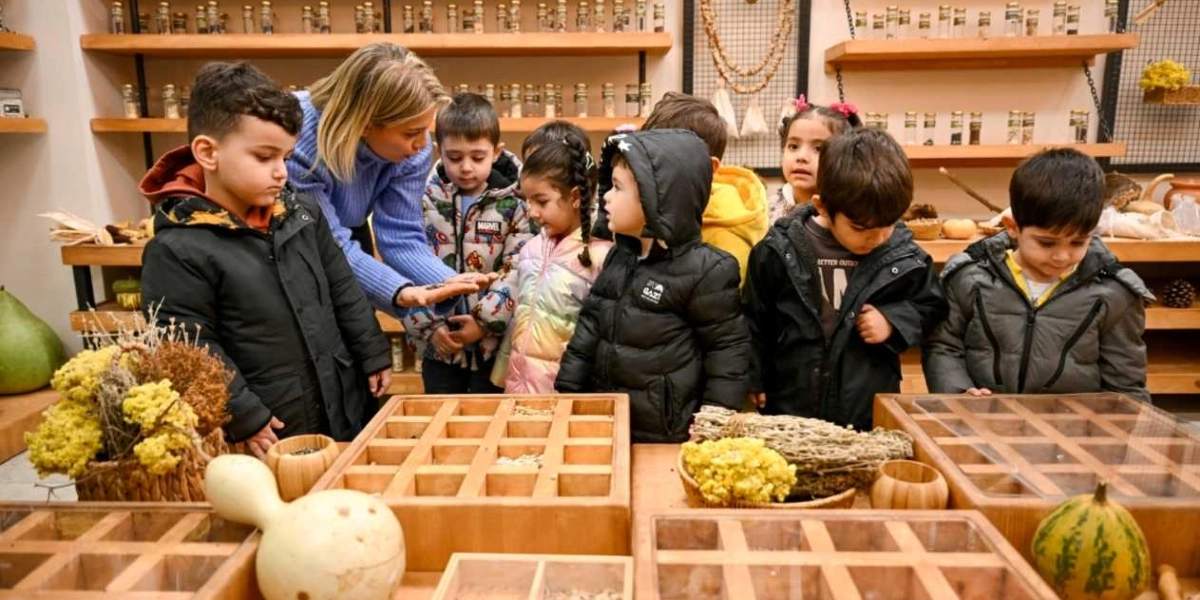 İç mekanda, ahşap raflarla çevrili bir atölyede, sarışın bir kadın eğitmen avucunda tuttuğu tohumları etrafına toplanmış bir grup çocuğa gösteriyor. Çocuklar meraklı gözlerle eğitmenin eline bakarken, önlerindeki ahşap bölmeli kutularda çeşitli tohumlar ve kuru bitkiler sergileniyor. Masanın üzerinde ayrıca dekoratif su kabağı ve küçük bir süs kabağı bulunuyor.