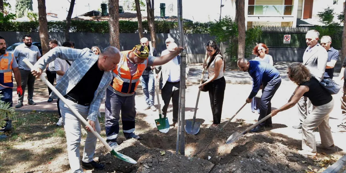Açık havada, ağaçlık bir alanda bir grup insan fidan dikimi yapıyor. Ön planda, ellerinde küreklerle toprağı kazan ve yeni dikilen fidanı destekleyen farklı yaş ve meslek gruplarından insanlar yer alıyor. Arka planda ise etkinliği izleyen veya destek veren diğer katılımcılar bulunuyor. Sivas Katliamı'nı anmak amacıyla düzenlenen bu etkinlikte, katılımcılar toprakla buluşturdukları fidanlarla yaşamı ve anıları yaşatmayı hedefliyor.