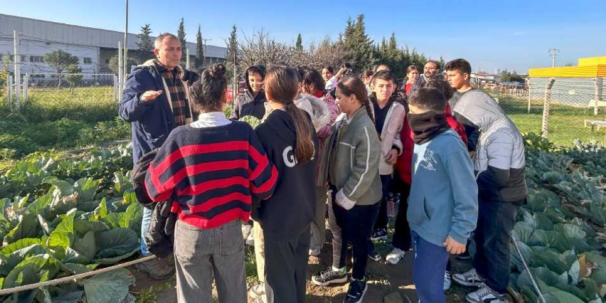 Açık havada, lahana tarlası içerisinde bir grup öğrenciye bilgi veren bir eğitmen. Eğitmen el hareketleriyle bir şeyler anlatırken, öğrenciler dikkatle onu dinliyor. Öğrenciler günlük kıyafetler ve montlar giymiş durumda, arka planda ise ağaçlar ve endüstriyel bir tesis binası görülüyor.
