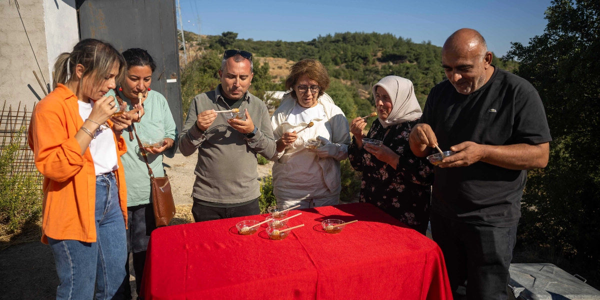 Açık havada, kırmızı örtülü bir masanın etrafında toplanmış beş kişi, ellerindeki küçük kaselerden bal kaşıklarıyla taze balın tadına bakıyor. Arka planda ağaçlıklı bir tepe ve güneşli bir gökyüzü görülüyor. Grubun bir üyesi arıcı kıyafeti giymiş durumda, diğerleri ise günlük kıyafetleriyle bal hasadının keyfini çıkarıyor.