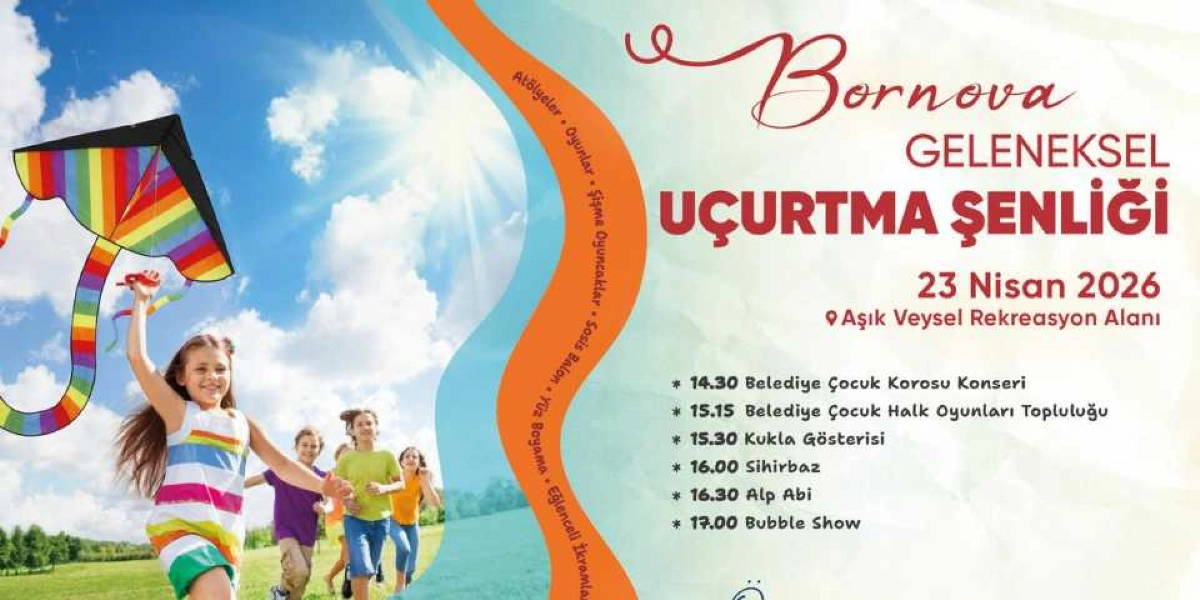 Mavi gökyüzü altında renkli bir uçurtma uçuran neşeli bir kız çocuğu ve arkasında koşan arkadaşları yer alıyor. Görselin sağ tarafında Bornova Geleneksel Uçurtma Şenliği başlığı, 23 Nisan 2026 tarihi ve Aşık Veysel Rekreasyon Alanı konumu belirtilmiş. Ayrıca atölyeler, oyunlar, şişme oyuncaklar, sosis balon, yüz boyama ve ikramlar gibi etkinliklerin yer aldığı şenlik programında saat 14.30'dan 17.00'ye kadar sürecek çocuk korosu, halk oyunları, kukla gösterisi, sihirbaz, Alp Abi ve bubble show etkinliklerinin saatleri listelenmiş.