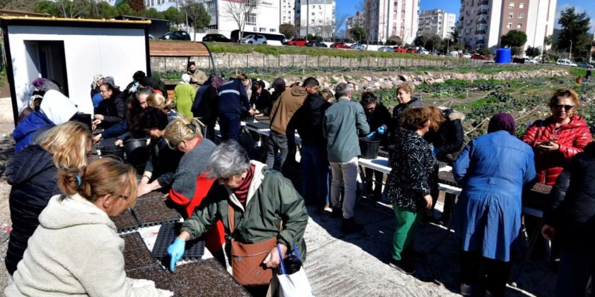 Bornova'da açık havada bir tarım alanında toplanan kadınlar, masalar üzerindeki viyollere tohum ekimi ve fide dikimi yapıyor. Arka planda şehir yerleşimi ve yeşil bir arazi görülürken, katılımcılar ellerinde eldivenlerle toprakla uğraşarak tarımsal faaliyet gerçekleştiriyor.