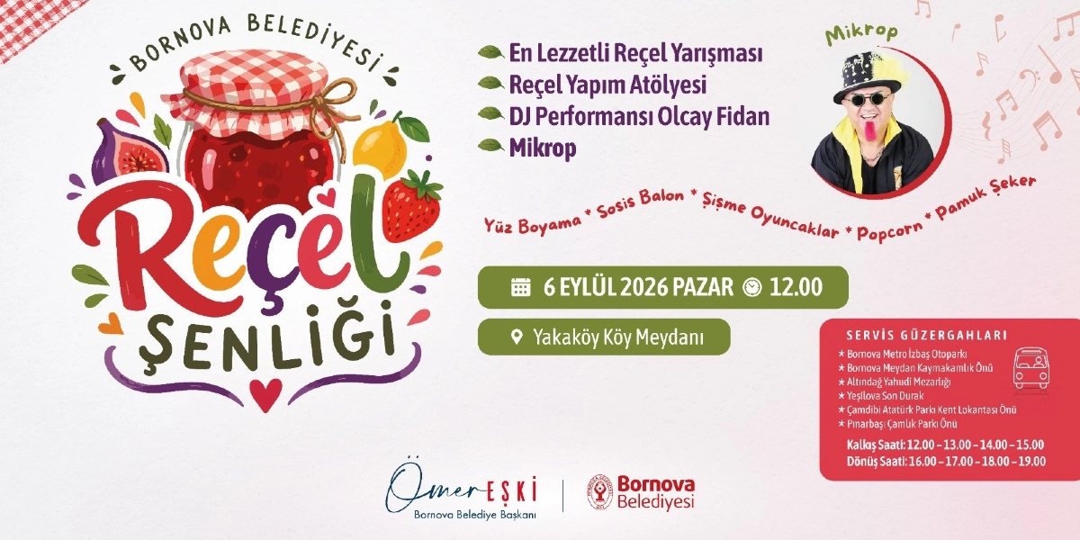 Bornova Belediyesi tarafından 6 Eylül 2026 Pazar günü saat 12.00'de Yakaköy Köy Meydanı'nda düzenlenecek Reçel Şenliği'nin duyuru afişi. Afişin sol tarafında kırmızı ekose kapaklı bir reçel kavanozu, incir, limon ve çilek çizimleri ile 