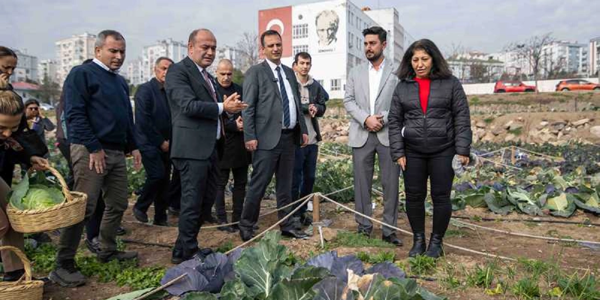 CHP Genel Başkan Yardımcısı Özgür Karabat ve beraberindeki heyet, Bornova'da bir sebze bahçesini ziyaret ederek incelemelerde bulunuyor. Bahçede lahana ve çeşitli yeşilliklerin ekili olduğu toprak alanın önünde duran grup, çevredeki tarımsal faaliyetleri gözlemliyor. Arka planda üzerinde Atatürk portresi ve Türk bayrağı bulunan bir bina ile şehir yerleşimi görülüyor.