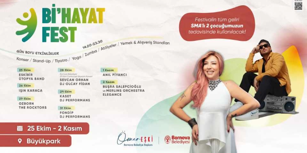Bi’Hayat Fest, 25 Ekim - 2 Kasım tarihleri arasında Bornova Büyükpark’ta gerçekleşecek. Festivalin tüm geliri SMA’lı iki çocuğun tedavisi için kullanılacak. Etkinlik kapsamında 14.00-23.30 saatleri arasında konserler, stand-up gösterileri, tiyatro, yoga, zumba, atölyeler ile yemek ve alışveriş stantları yer alacak. Programda 25 Ekim’de Eskibir ve Ütopya Band, 26 Ekim’de Işın Karaca, 27 Ekim’de Ozborn ve The Rocktors, 28 Ekim’de Sevcan Orhan ve DJ Olcay Fidan, 29 Ekim’de Kaset ve DJ performans, 31 Ekim’de Fondip ve DJ performans, 1 Kasım’da Anıl Piyancı, 2 Kasım’da ise Büşra Salepçioğlu ve Merlins Orchestra Elegance sahne alacak. Görselde pembe saçlı bir kadın ve güneş gözlüklü, kasetçalar başında oturan bir erkek sanatçı yer alıyor; alt kısımda Bornova Belediye Başkanı Ömer Eşki ve Bornova Belediyesi logoları bulunuyor.