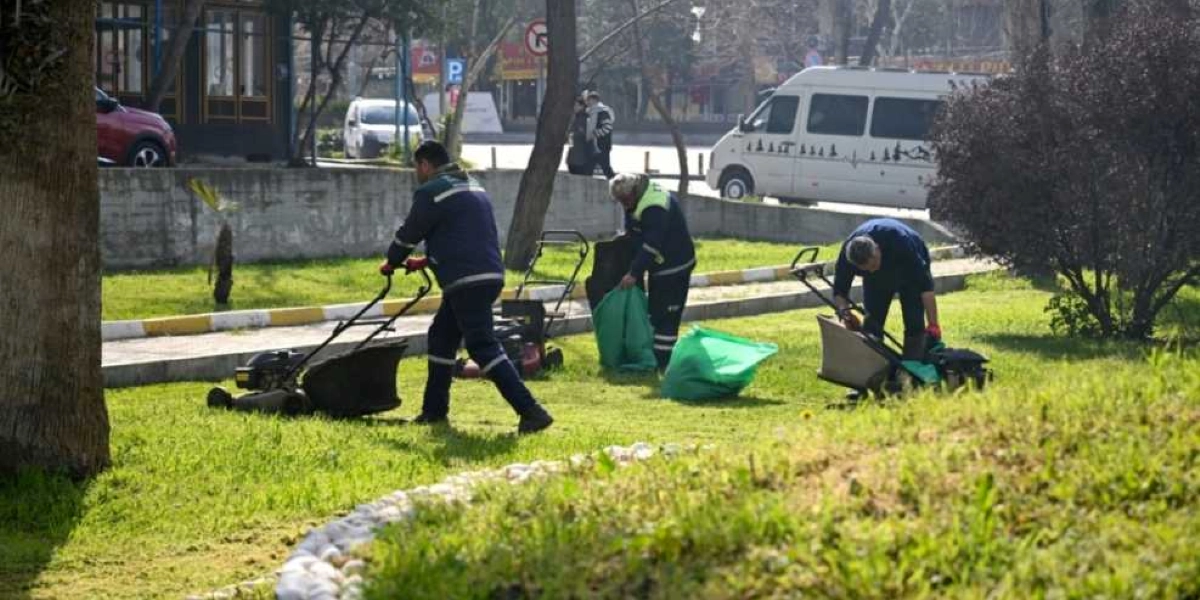Belediye personeli, yeşil alanlarda çim biçme makineleriyle çalışıyor ve biçilen çimleri yeşil torbalara doldurarak çevre düzenlemesi yapıyor.