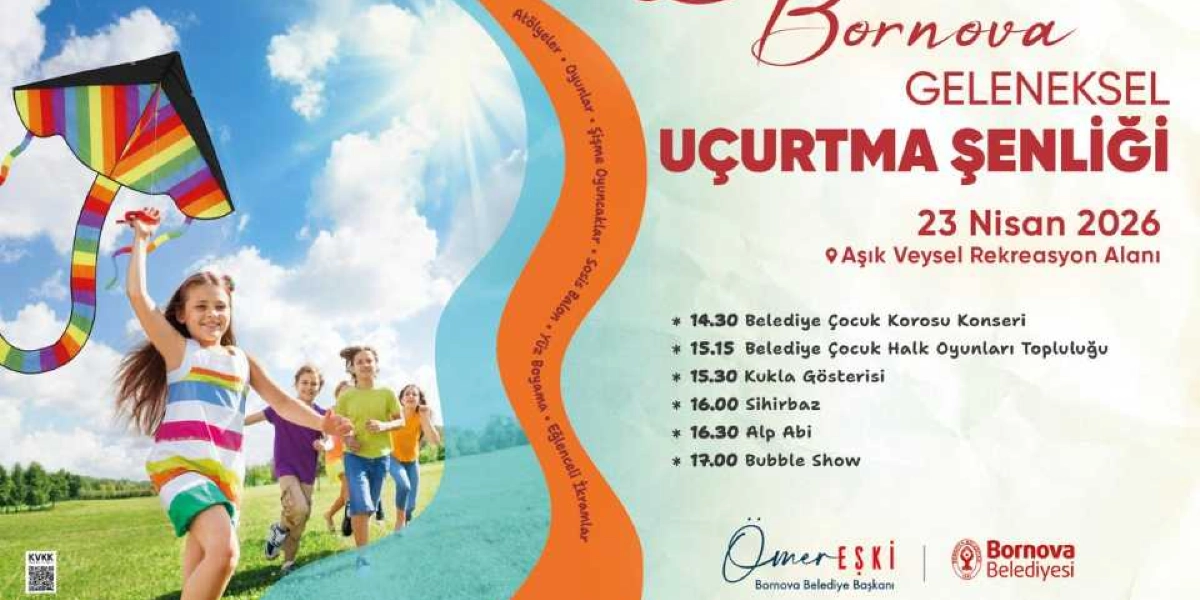 Mavi gökyüzü altında çimlerde koşan ve renkli bir uçurtma uçuran çocukların yer aldığı Bornova Geleneksel Uçurtma Şenliği duyuru afişi. 23 Nisan 2026 tarihinde Aşık Veysel Rekreasyon Alanı'nda gerçekleşecek etkinlikte atölyeler, oyunlar, şişme oyuncaklar, sosis balon, yüz boyama ve ikramlar yer alıyor. Program akışı şu şekildedir: 14.30 Belediye Çocuk Korosu Konseri, 15.15 Belediye Çocuk Halk Oyunları Topluluğu, 15.30 Kukla Gösterisi, 16.00 Sihirbaz, 16.30 Alp Abi ve 17.00 Bubble Show. Afişin alt kısmında Bornova Belediye Başkanı Ömer Eşki'nin ismi ve Bornova Belediyesi logosu bulunmaktadır.