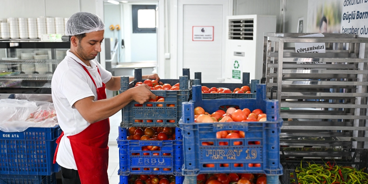 Beyaz tişört ve kırmızı önlük giymiş, başında bone bulunan bir çalışan, endüstriyel bir mutfak ortamında üst üste dizilmiş mavi plastik kasalardaki domatesleri kontrol ediyor. Arka planda paslanmaz çelik raflar, bir klima ve üzerinde 