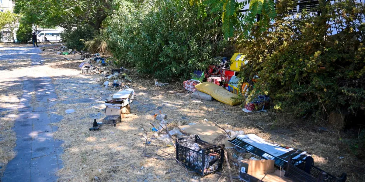 Ağaçlık bir alanın kenarında, yerlere atılmış plastik kasalar, karton kutular, çöp yığınları ve eski eşyalardan oluşan düzensiz ve kirli bir görüntü.