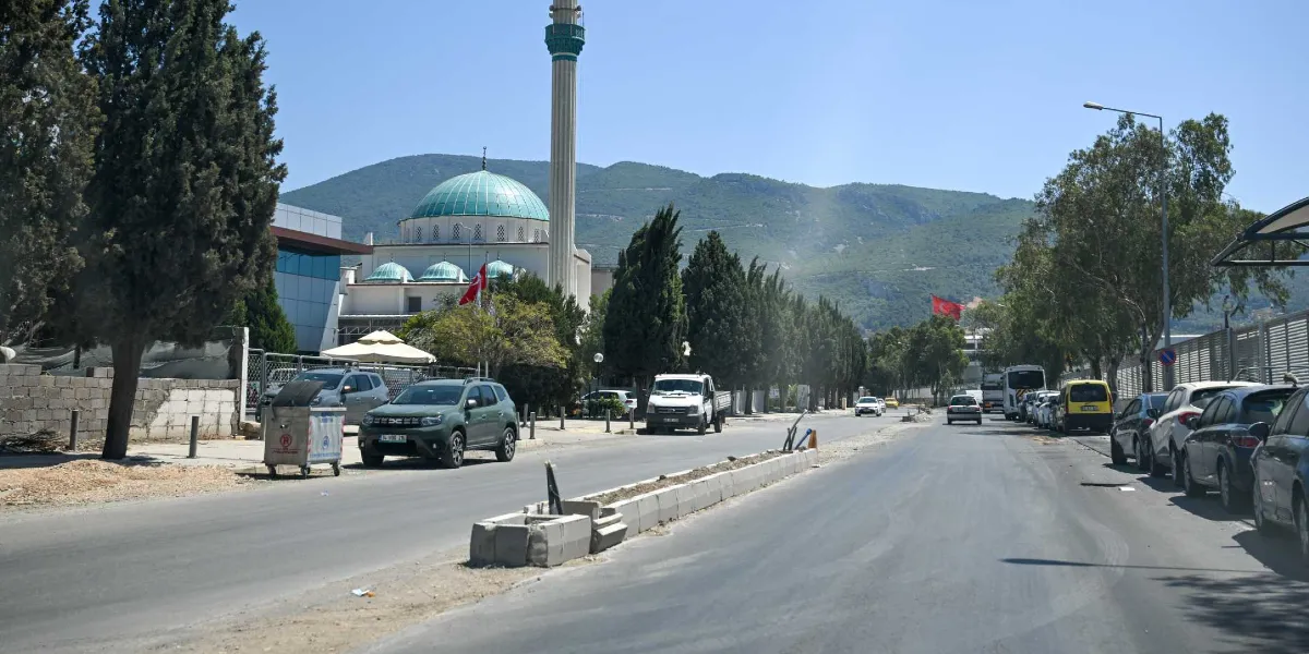 Geniş bir cadde boyunca uzanan yolun sol tarafında yeşil kubbeli ve minareli bir cami, arka planda ise büyük bir dağ manzarası yer alıyor. Yolun her iki tarafında park halindeki araçlar ve ağaçlar bulunurken, orta kısımda yol çalışmasını işaret eden beton bariyerler görülüyor. Gökyüzü açık ve güneşli bir gün izlenimi veriyor.