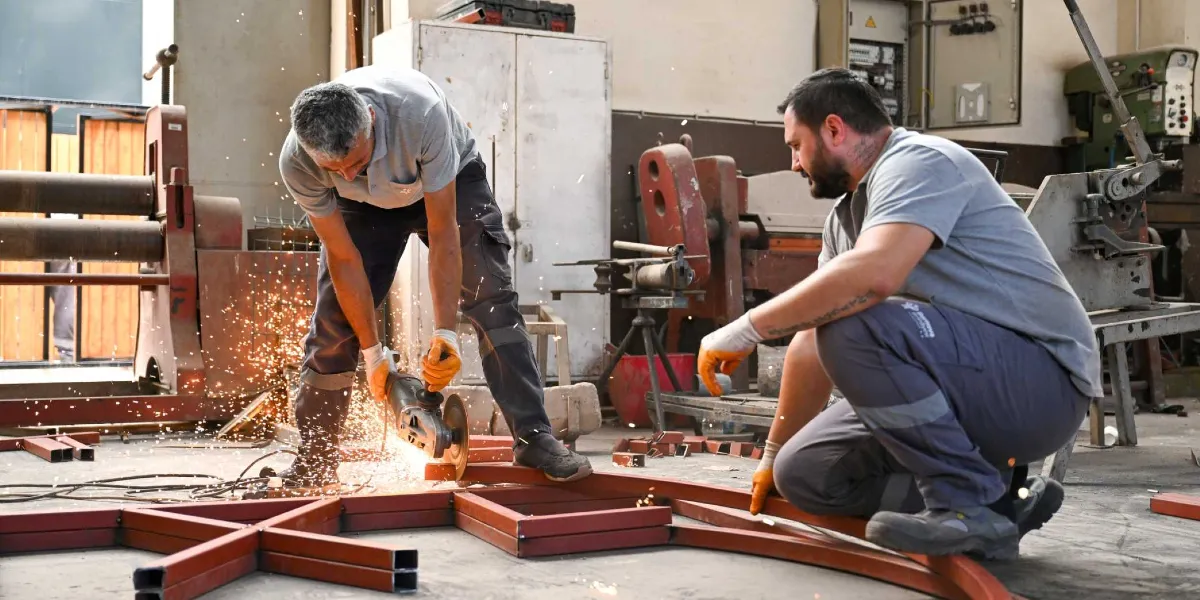 Atölye ortamında gri iş kıyafetleri giymiş iki çalışan, metal bir iskelet üzerinde çalışıyor. Ayakta duran çalışan elindeki avuç taşlama makinesiyle metal parçayı keserken etrafa kıvılcımlar saçılıyor, yanında çömelmiş durumdaki diğer çalışan ise metal iskeleti tutarak ona destek oluyor.