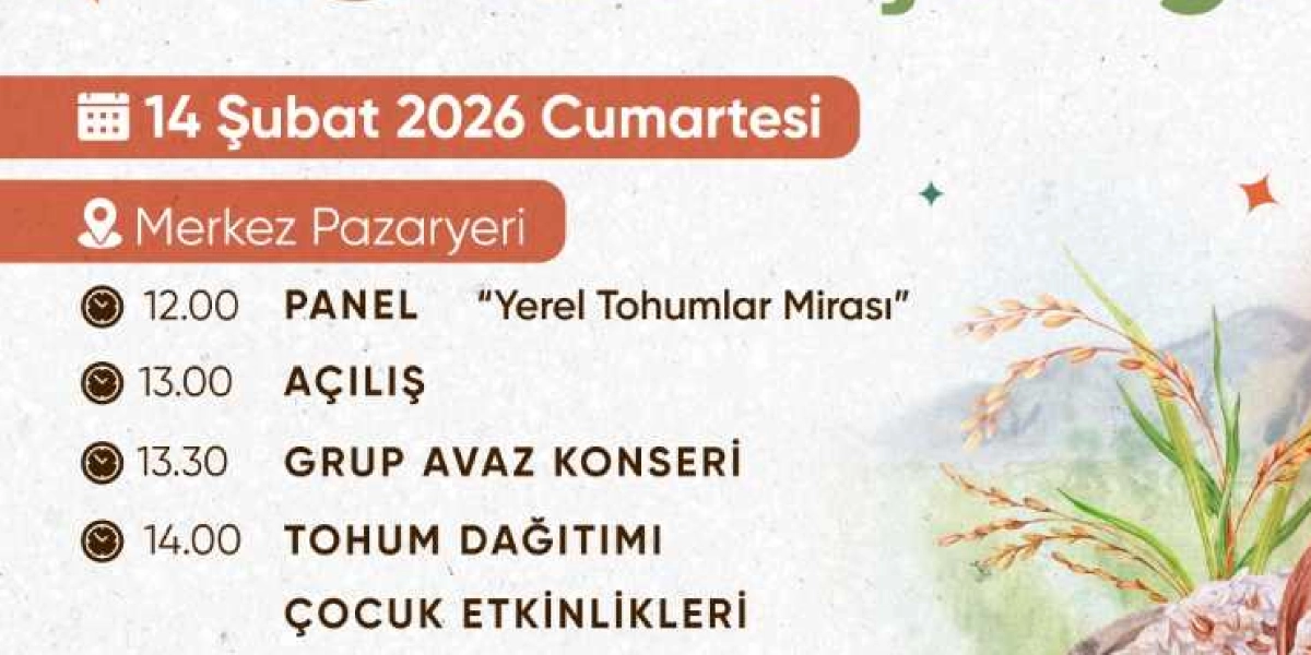 14 Şubat 2026 Cumartesi günü Bornova Merkez Pazaryeri'nde düzenlenecek etkinliğin programı: Saat 12.00'de Yerel Tohumlar Mirası paneli, 13.00'te açılış, 13.30'da Grup Avaz konseri, 14.00'te ise tohum dağıtımı ve çocuk etkinlikleri gerçekleştirilecektir. Görselin sağ tarafında sulu boya tarzında çizilmiş başak figürleri yer almaktadır.