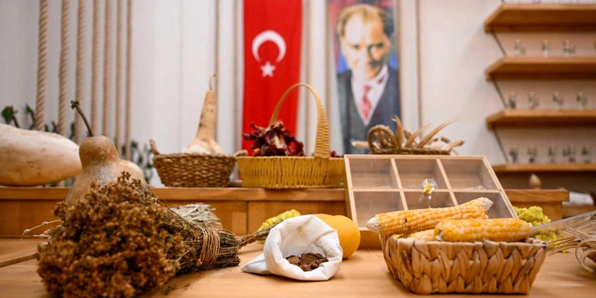 Ahşap bir masa üzerinde sergilenen yerel tarım ürünleri; ön planda bir sepet içinde mısır koçanları, küçük bir bez torba içinde tohumlar, kuru bitki demetleri ve su kabağı bulunuyor. Arka planda ise duvarda asılı bir Türk bayrağı ile Mustafa Kemal Atatürk'ün portresi yer alıyor. Sağ taraftaki duvarda ise küçük cam şişelerin dizili olduğu ahşap raflar görülüyor.