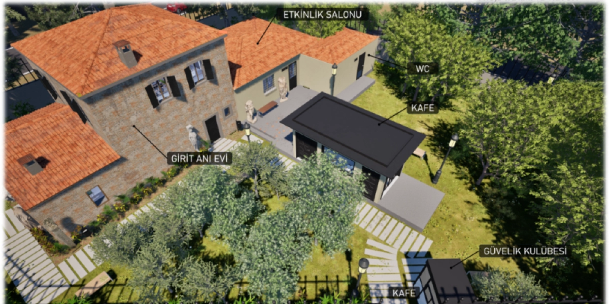 Bornova Girit Anı Evi'nin kuş bakışı mimari yerleşim planını gösteren 3 boyutlu tasarım. Taş dokulu ana bina Girit Anı Evi olarak işaretlenmiş olup, yanında kiremit çatılı bir etkinlik salonu, modern tasarımlı bir kafe binası, tuvaletler ve giriş kısmında bir güvenlik kulübesi yer almaktadır. Yapılar, ağaçlarla çevrili yeşil bir bahçe ve taş döşeli yürüyüş yolları ile birbirine bağlanmaktadır.