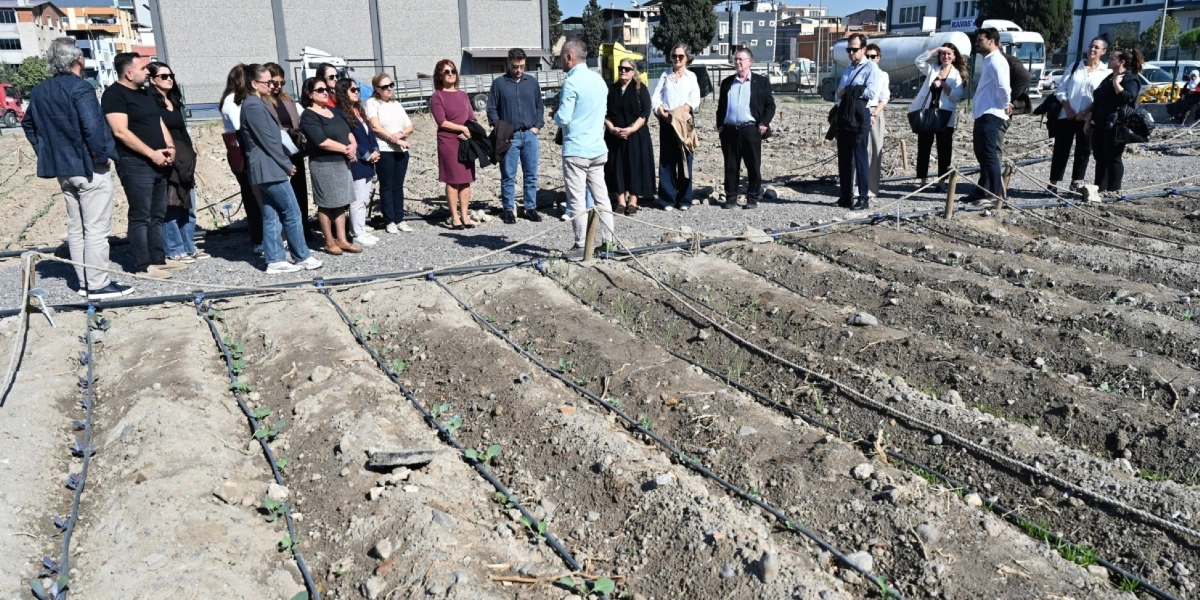 Açık havada, damlama sulama sistemi döşenmiş yeni ekilmiş bir tarım arazisinin başında toplanmış, resmi kıyafetli bir grup insan bir yetkiliyi dinliyor. Arka planda binalar ve park halindeki araçların bulunduğu geniş bir alanda, katılımcılar toprak sıralarını inceleyerek çevre ve sürdürülebilirlik üzerine bir bilgilendirme toplantısı gerçekleştiriyor.