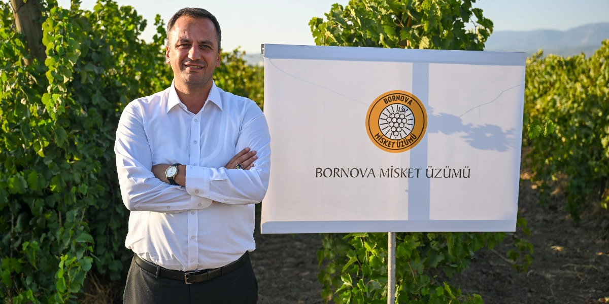 Beyaz gömlekli, kolları kavuşturulmuş bir erkek, arkasında üzüm bağı bulunan bir alanda, üzerinde Bornova Misket Üzümü logosu ve yazısı bulunan beyaz bir tabelanın yanında duruyor.