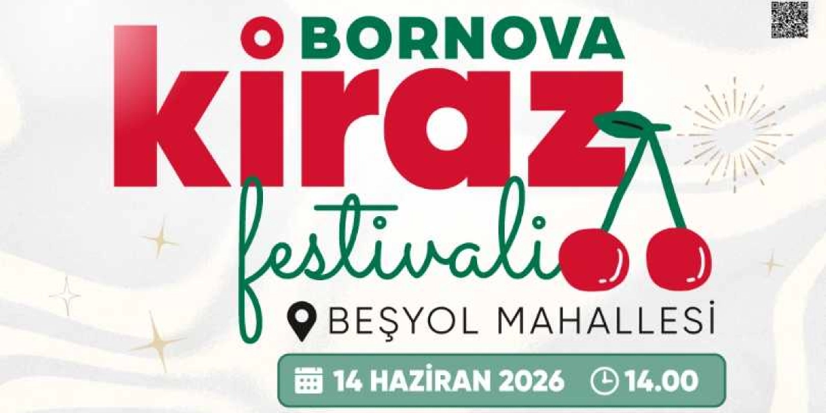 Beyaz zemin üzerine kırmızı ve yeşil renklerle tasarlanmış Bornova Kiraz Festivali duyuru afişi. Afişin merkezinde büyük harflerle Bornova Kiraz Festivali yazısı ve yanında iki adet kırmızı kiraz görseli yer alıyor. Alt kısımda konum olarak Beşyol Mahallesi belirtilmiş olup, etkinlik tarihi 14 Haziran 2026 ve saati 14.00 olarak yeşil bir kutucuk içerisinde gösteriliyor. Sağ üst köşede ise detaylı bilgi için bir karekod bulunuyor.