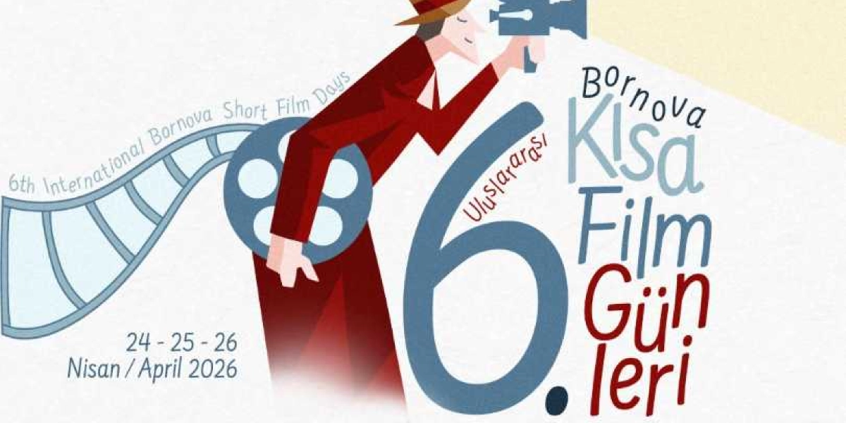 Kırmızı trençkotlu ve fötr şapkalı bir figürün elinde eski tip bir film kamerası tuttuğu, arka planda ise bir film şeridi ve makarasının yer aldığı 6. Uluslararası Bornova Kısa Film Günleri afişi. Afişin üzerinde 24-25-26 Nisan 2026 tarihleri yazılıdır.