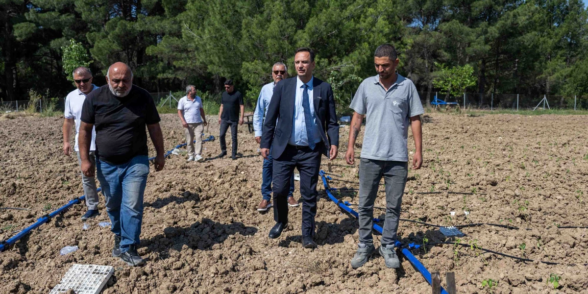 Bornova Belediye Başkanı Mustafa İduğ ve beraberindeki heyet, yeni ekim yapılmış, üzerinde damlama sulama boruları bulunan sürülmüş bir tarım arazisinde incelemelerde bulunuyor. Arka planda çam ağaçlarından oluşan bir ormanlık alan yer alıyor.