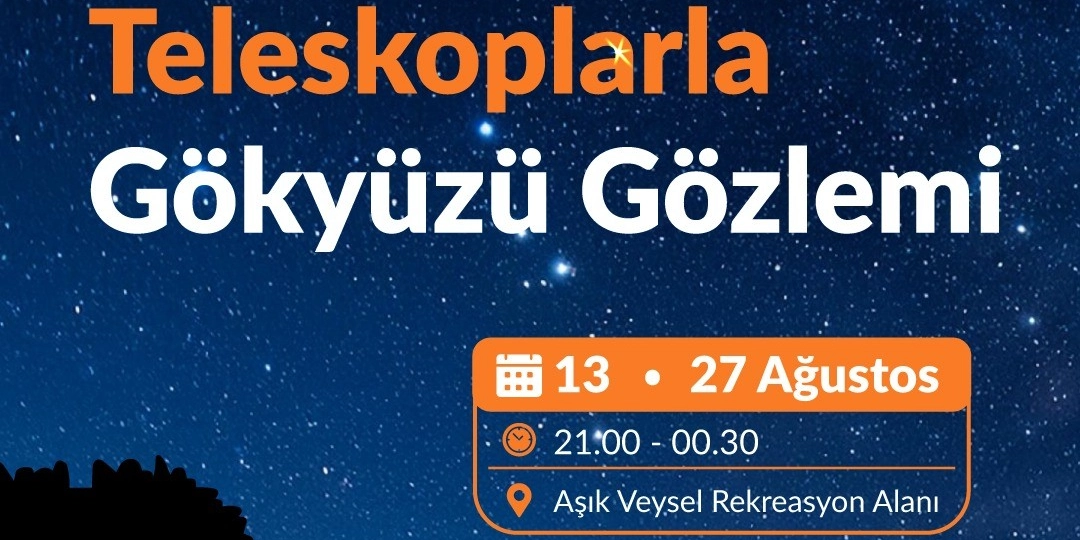 Yıldızlı gökyüzü arka planı üzerinde turuncu ve beyaz büyük puntolarla yazılmış Teleskoplarla Gökyüzü Gözlemi etkinliği duyurusu. Etkinlik tarihleri 13 ve 27 Ağustos, saat aralığı 21.00 ile 00.30, yer ise Aşık Veysel Rekreasyon Alanı olarak belirtilmiştir.