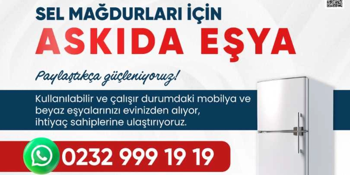 Sel mağdurları için başlatılan askıda eşya kampanyasını duyuran görselde, büyük puntolarla Sel Mağdurları İçin Askıda Eşya ifadesi yer alıyor. Altında Paylaştıkça güçleniyoruz sloganı ve kullanılabilir durumdaki mobilya ve beyaz eşyaların evden alınıp ihtiyaç sahiplerine ulaştırılacağı bilgisi bulunuyor. Sağ tarafta beyaz bir buzdolabı görseli, alt kısımda ise iletişim için 0232 999 19 19 numaralı telefon ve WhatsApp ikonu yer alıyor.