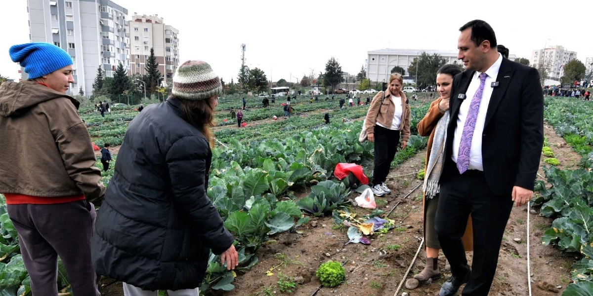 Bornova'daki bir kent bostanında, lahana ve yeşilliklerin ekili olduğu tarlada bir grup insan hasat yapıyor. Ön planda, mavi bere takan bir kadın ve yanında siyah montlu bir kadın bostandaki ürünleri incelerken, sağ tarafta takım elbiseli ve mor desenli kravatlı bir erkek, yanında iki kadınla birlikte yürüyerek onlara eşlik ediyor. Arka planda ise bostanda çalışan diğer insanlar ve şehirdeki apartmanlar görünüyor.