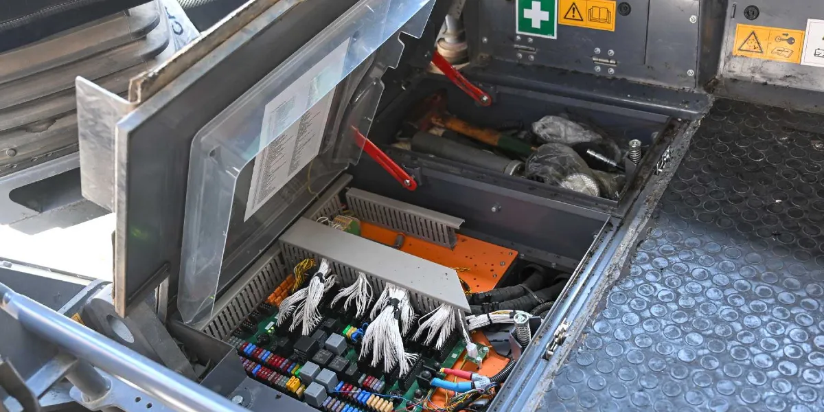 Açık durumdaki bir iş makinesi panelinin iç kısmında, karmaşık kablo bağlantıları, sigortalar ve elektronik devre kartları görülüyor. Panelin yanındaki bölmede ise bir çekiç ve bazı aletler bulunuyor. Panel kapağının üzerinde ilk yardım ve uyarı sembollerini içeren etiketler yer alıyor.