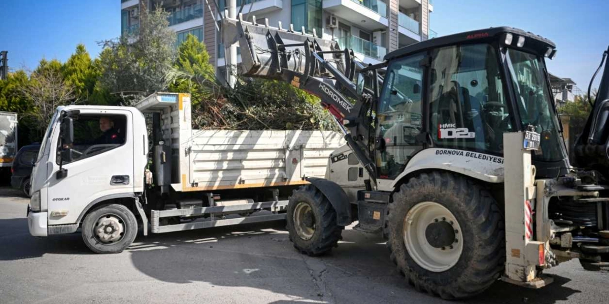 Bornova Belediyesi'ne ait bir iş makinesi, topladığı ağaç dalları ve bitki atıklarını bir kamyonun kasasına boşaltıyor. İş makinesinin üzerinde 
