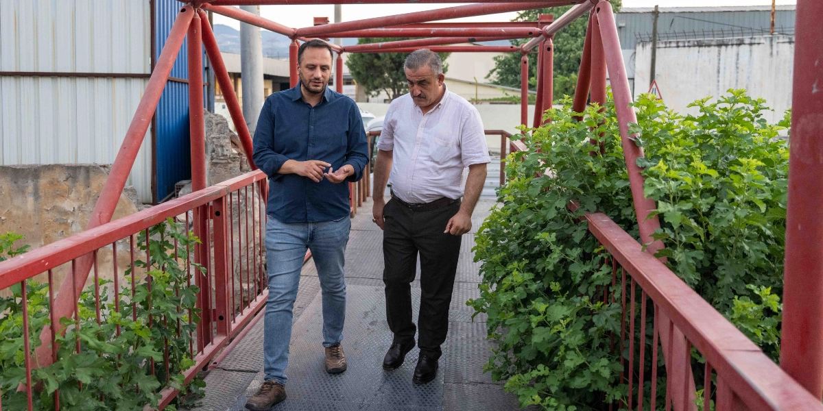 Kırmızı metal korkuluklu bir yaya köprüsünde yürüyen iki erkek, bir konu hakkında konuşuyor. Lacivert gömlekli ve kot pantolonlu genç bir adam, yanında yürüyen beyaz kısa kollu gömlekli ve siyah pantolonlu orta yaşlı bir adama bir şeyler anlatıyor. Köprünün kenarlarında yeşil bitkiler bulunuyor.