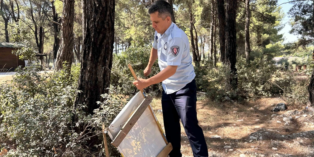 Bornova Belediyesi zabıta üniformalı bir görevli, ağaçlık bir alanda ağaca çakılmış ahşap çerçeveli bir tabelayı yerinden söküyor.