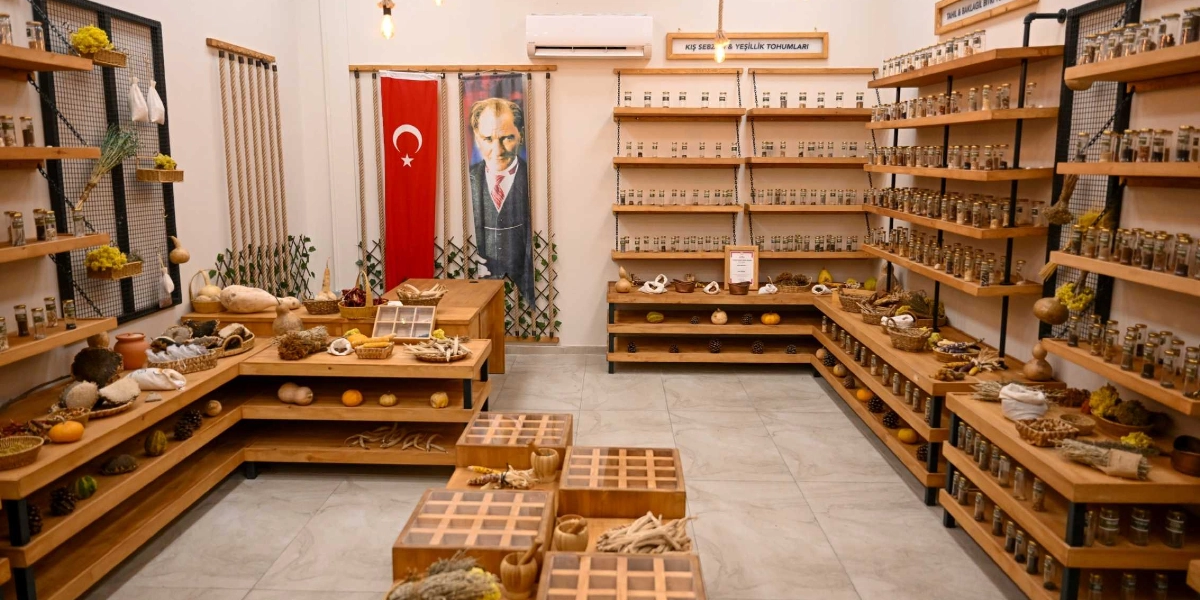 Ahşap raflarla çevrili, yerel tohumların ve tarım ürünlerinin sergilendiği bir tohum bankası. Duvarlarda Türk bayrağı ve Mustafa Kemal Atatürk'ün portresi asılıdır. Raflar üzerinde düzenli şekilde dizilmiş cam kavanozlar, çeşitli bitki tohumları, kurutulmuş meyveler, sebzeler ve doğal ürünler yer almaktadır. 