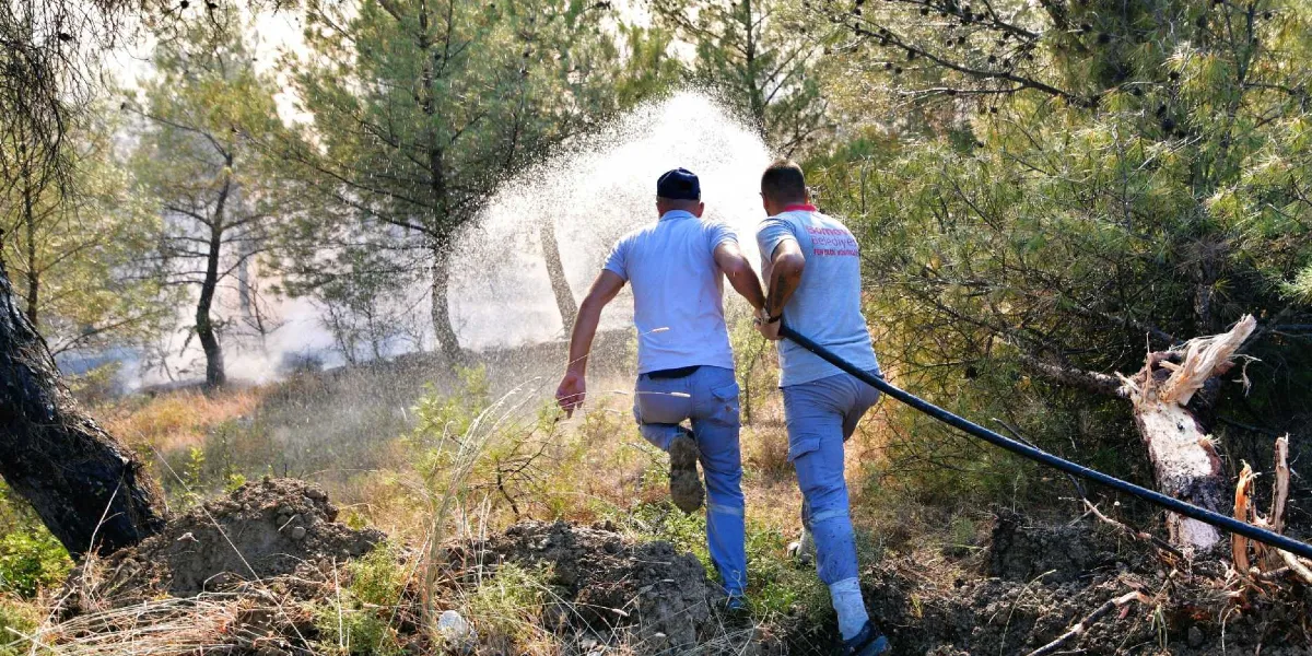 Ormanlık alanda çıkan yangına müdahale eden, üzerinde Soma Belediyesi yazılı gri tişörtler giyen iki görevli, ellerindeki hortumla ağaçlara doğru tazyikli su sıkıyor.