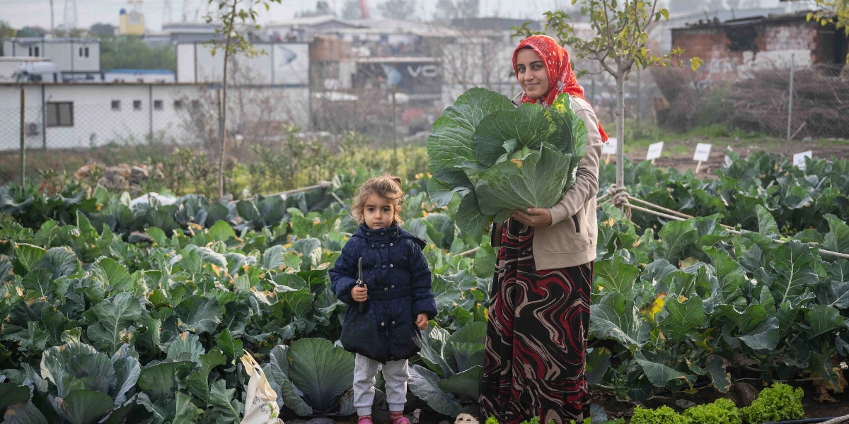 Kırmızı başörtülü bir kadın ve yanında lacivert şişme montlu küçük bir kız çocuğu, Bornova'daki bir kent bostanında hasat ettikleri büyük bir lahanayı tutarak kameraya gülümsüyor. Arka planda lahana ekili tarlalar ve yerleşim yerleri görülüyor.