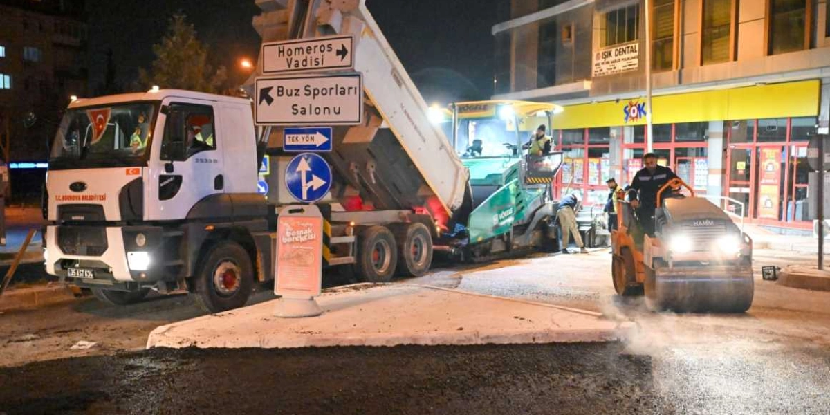 Gece vakti Bornova Belediyesi’ne ait bir kamyon, asfalt serme makinesi ve silindir ile cadde üzerinde asfalt yenileme çalışması yapılıyor. Kamyonun yanında Homeros Vadisi ve Buz Sporları Salonu yönlerini gösteren trafik tabelaları ile bir Şok market şubesi yer alıyor. İşçiler çalışma alanında görevlerine devam ediyor.
