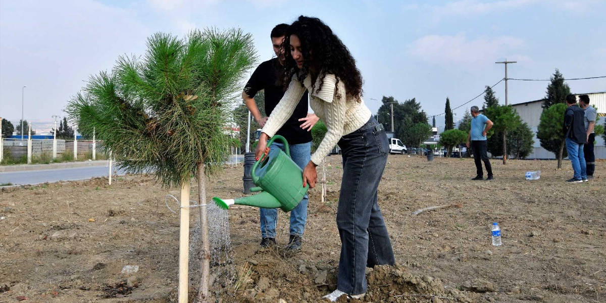 Açık havada, toprak bir alanda kıvırcık saçlı genç bir kadın, yeşil bir sulama kabıyla yeni dikilmiş küçük bir çam ağacını suluyor. Kadının hemen arkasında siyah tişörtlü bir genç erkek ona eşlik ediyor. Arka planda ise ağaçlandırma alanında duran diğer insanlar ve bir yol kenarı görülüyor.