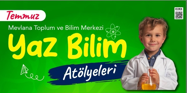 Yeşil arka planlı afişin üzerinde beyaz önlük giymiş, elinde içinde sarı sıvı bulunan bir deney tüpü tutan gülümseyen bir çocuk yer alıyor. Afişte 