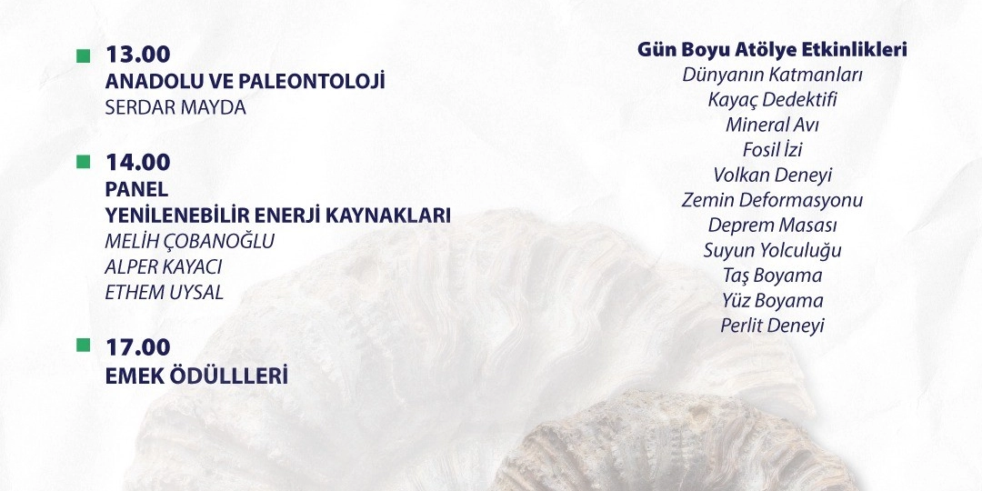 Bornova Bilim ve Kültür Zirvesi program akışı. Sol tarafta saat 13.00'te Serdar Mayda ile Anadolu ve Paleontoloji, 14.00'te Melih Çobanoğlu, Alper Kayacı ve Ethem Uysal'ın katılımıyla Yenilenebilir Enerji Kaynakları paneli ve 17.00'de Emek Ödülleri yer alıyor. Sağ tarafta ise gün boyu sürecek atölye etkinlikleri listelenmiştir: Dünyanın Katmanları, Kayaç Dedektifi, Mineral Avı, Fosil İzi, Volkan Deneyi, Zemin Deformasyonu, Deprem Masası, Suyun Yolculuğu, Taş Boyama, Yüz Boyama ve Perlit Deneyi. Arka planda fosil görseli bulunmaktadır.