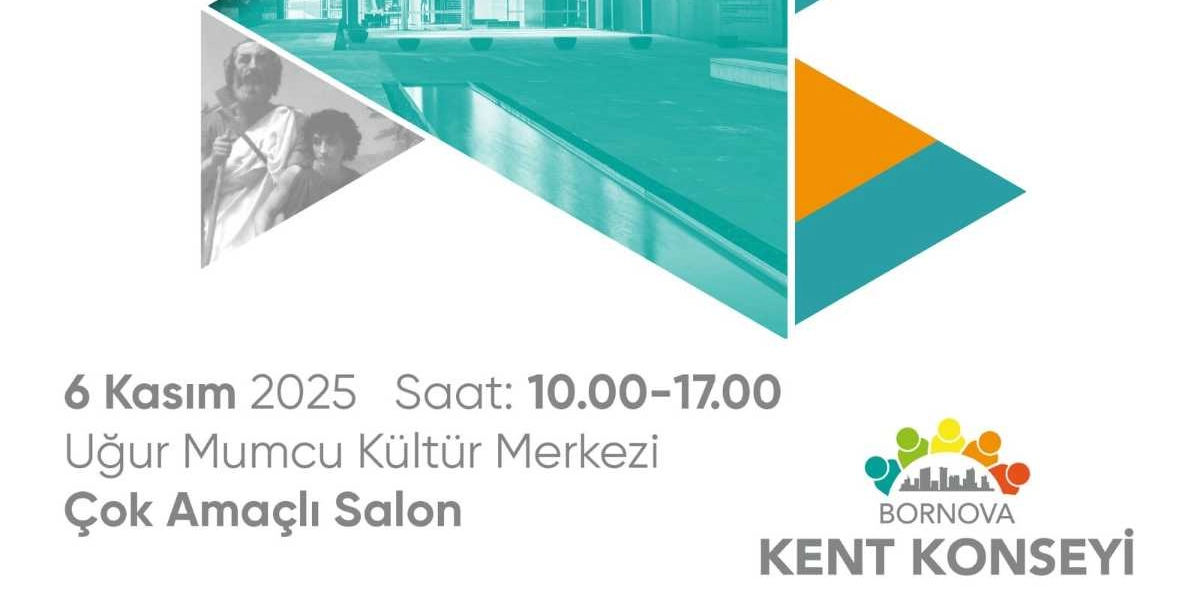 Beyaz arka plan üzerinde turkuaz ve turuncu geometrik şekillerin yer aldığı etkinlik duyurusu. Görselin üst kısmında, antik dönemden kalma figürlerin olduğu bir heykel detayı ve modern bir bina girişi yer alıyor. Alt kısımda 6 Kasım 2025 tarihinde, 10.00-17.00 saatleri arasında Uğur Mumcu Kültür Merkezi Çok Amaçlı Salon'da düzenlenecek olan Engelli Hakları Çalıştayı bilgileri bulunuyor. Sağ alt köşede ise Bornova Kent Konseyi'nin renkli insan figürlerinden oluşan logosu yer alıyor.