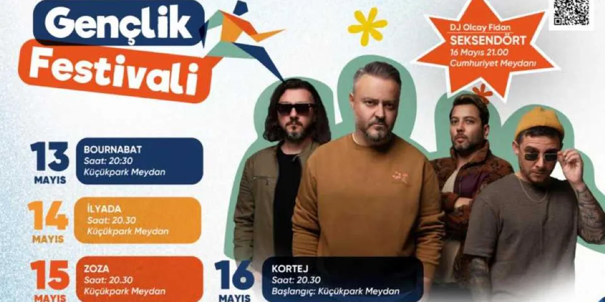 Bornova Gençlik Festivali etkinlik takvimi afişi. Afişte 13-16 Mayıs tarihleri arasında gerçekleşecek konser ve etkinliklerin bilgileri yer alıyor. 13 Mayıs saat 20.30'da Küçükpark Meydanı'nda Bournabat, 14 Mayıs saat 20.30'da Küçükpark Meydanı'nda İlyada, 15 Mayıs saat 20.30'da Küçükpark Meydanı'nda Zoza sahne alacak. 16 Mayıs saat 20.30'da Küçükpark Meydanı'ndan başlayacak kortej yürüyüşünün ardından, aynı gün saat 21.00'de Cumhuriyet Meydanı'nda DJ Olcay Fidan ve Seksendört konseri düzenlenecek. Afişin merkezinde dört kişilik müzik grubu Seksendört üyelerinin fotoğrafı bulunuyor.