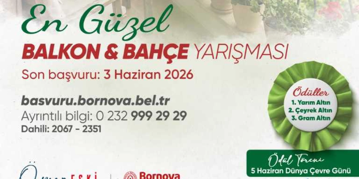 Bornova Belediyesi tarafından düzenlenen En Güzel Balkon ve Bahçe Yarışması duyurusu. Görselde son başvuru tarihinin 3 Haziran 2026 olduğu, başvuruların basvuru.bornova.bel.tr adresinden yapılabileceği ve ayrıntılı bilgi için 0 232 999 29 29 numaralı telefonun aranabileceği belirtiliyor. Yarışma ödülleri olarak birinciye yarım altın, ikinciye çeyrek altın ve üçüncüye gram altın verileceği ifade ediliyor. Ödül töreninin 5 Haziran Dünya Çevre Günü'nde yapılacağı bilgisi yer alıyor.