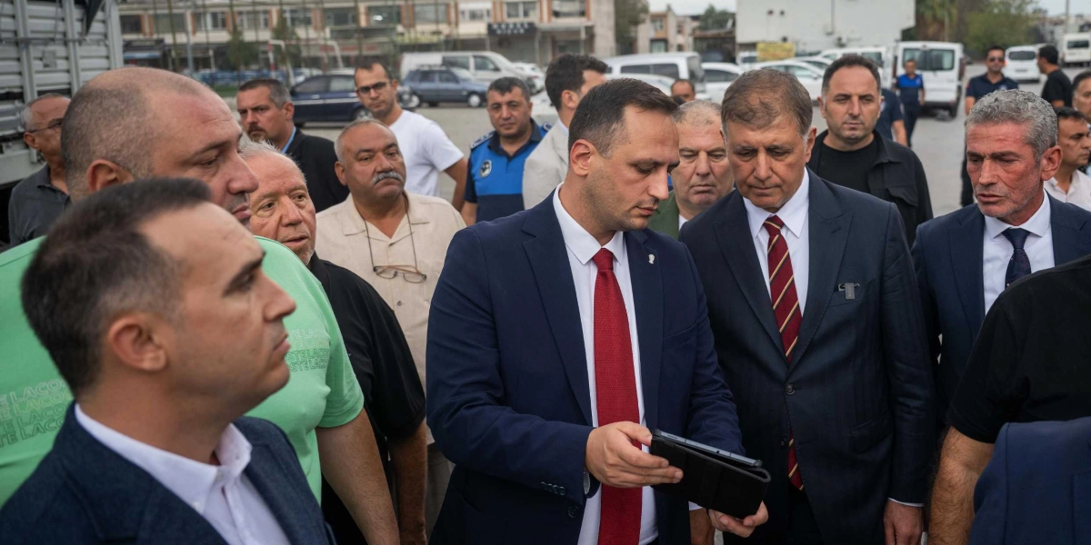 Açık havada, otopark benzeri bir alanda bir araya gelmiş, çoğunluğu erkeklerden oluşan bir grup insan. Grubun merkezinde, lacivert takım elbiseli ve kırmızı kravatlı bir kişi elindeki tablete bakarak bir şeyler anlatıyor; yanındaki yine takım elbiseli ve çizgili kravatlı bir kişi de dikkatle tableti inceliyor. Çevrelerindeki diğer kişiler ise farklı kıyafetlerle bu konuşmayı dinliyor.