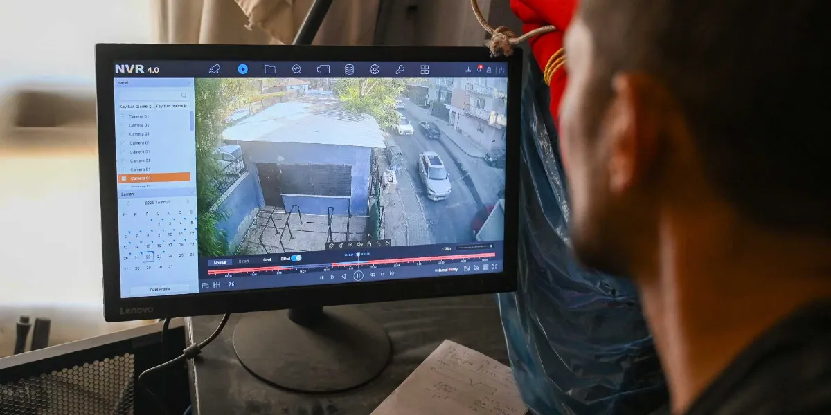 Bir kişi, Lenovo marka bir monitörde NVR 4.0 güvenlik kamerası yazılımı üzerinden Bornova'daki bir sokağın ve belediye binasına benzer bir yapının dış mekan görüntülerini inceliyor. Ekranda 22 Temmuz 2025 tarihli kayıtlar ve sokaktan geçen araçların görüntüsü yer alıyor.