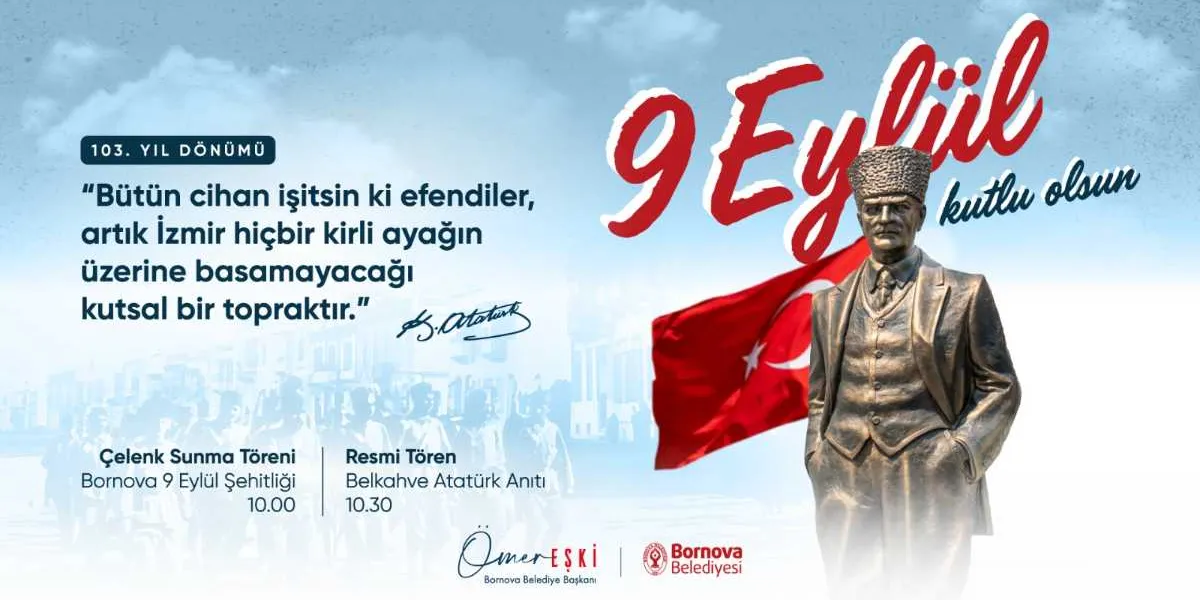 Mavi gökyüzü temalı arka planda, sağ tarafta Atatürk heykeli ve arkasında dalgalanan Türk bayrağı yer alıyor. Üst kısımda büyük harflerle 