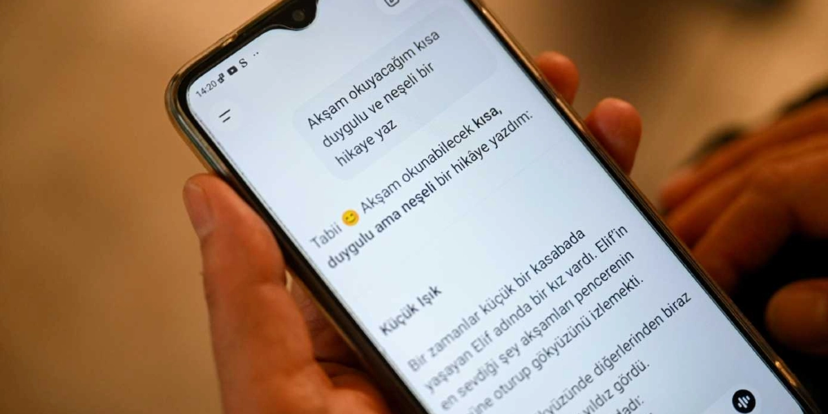 Bir kişinin elinde tuttuğu akıllı telefon ekranında, yapay zeka ile yapılan bir sohbet arayüzü görülüyor. Kullanıcı 
